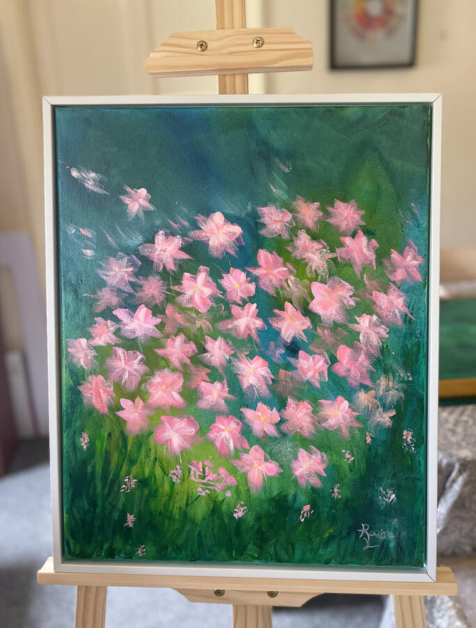 Dream Devon Pink Flowers, Acrylic on Canvas, 20"x16"